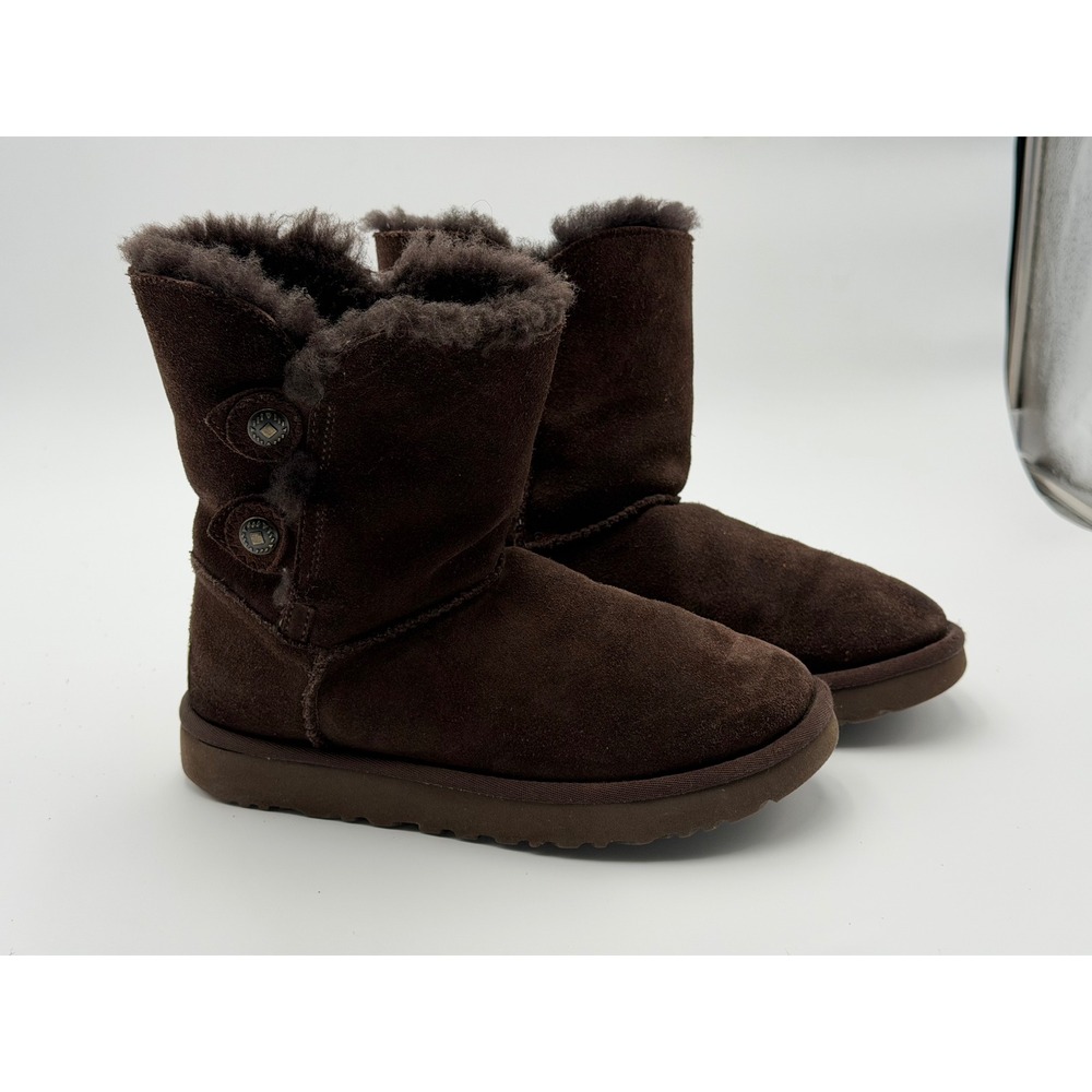 UGG Bailey Button Boots Womens 6 Chocolate Brown Suede Sheepskin Mid Calf Lined